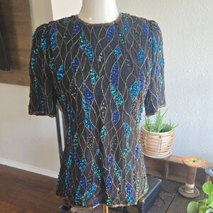 Vintage Elegant Sequin Embellished Black Top